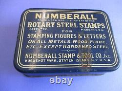 Vintage NUMBERALL Rotary Steel Stamps in Metal Tin RARE