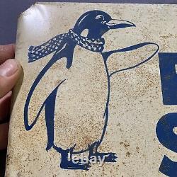 Vintage Original Rare Penguin Graphic Frosty Freezer Supplies Metal Rack Sign