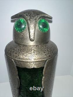 Vintage Owl Cocktail Martini Shaker RARE Metal 10in tall MCM Green Glass Body