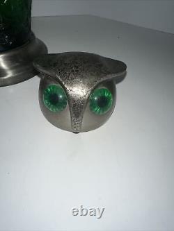 Vintage Owl Cocktail Martini Shaker RARE Metal 10in tall MCM Green Glass Body