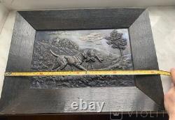 Vintage Panel Hunting Dog Landscape Rabbit Metal Engraved Wood Art Rare Old 20th