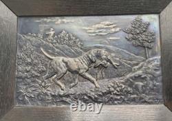 Vintage Panel Hunting Dog Landscape Rabbit Metal Engraved Wood Art Rare Old 20th
