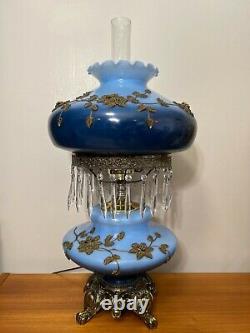 Vintage Rare EF & EF Hurricane GWTW Blue Glass & Crystal Beads Table Lamp