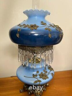 Vintage Rare EF & EF Hurricane GWTW Blue Glass & Crystal Beads Table Lamp