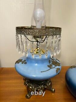 Vintage Rare EF & EF Hurricane GWTW Blue Glass & Crystal Beads Table Lamp