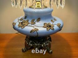 Vintage Rare EF & EF Hurricane GWTW Blue Glass & Crystal Beads Table Lamp