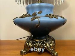 Vintage Rare EF & EF Hurricane GWTW Blue Glass & Crystal Beads Table Lamp