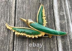 Vintage Rare Enamel French Malachite Metal Gold Plated Bird Pin Brooch