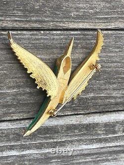 Vintage Rare Enamel French Malachite Metal Gold Plated Bird Pin Brooch