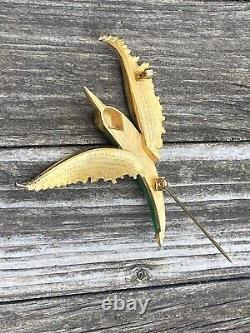 Vintage Rare Enamel French Malachite Metal Gold Plated Bird Pin Brooch