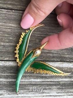 Vintage Rare Enamel French Malachite Metal Gold Plated Bird Pin Brooch