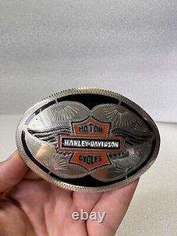 Vintage Rare Harley Davidson Silver Tone Metal & Enamel Belt Buckle