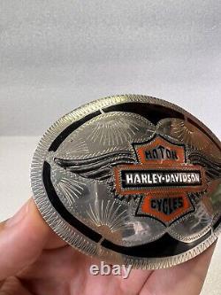 Vintage Rare Harley Davidson Silver Tone Metal & Enamel Belt Buckle