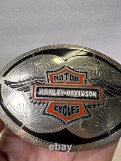 Vintage Rare Harley Davidson Silver Tone Metal & Enamel Belt Buckle