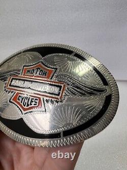 Vintage Rare Harley Davidson Silver Tone Metal & Enamel Belt Buckle