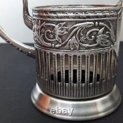 Vintage Rare Holder Tea Glass Cup Ussr Metal Silver Plated Engraved Drawing 1965