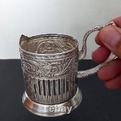 Vintage Rare Holder Tea Glass Cup Ussr Metal Silver Plated Engraved Drawing 1965