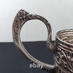 Vintage Rare Holder Tea Glass Cup Ussr Metal Silver Plated Engraved Drawing 1965