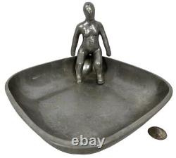 Vintage Rare Ilana Goor Signed Figural Seated Woman Metal Dish Sculpture Artdeco