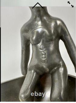 Vintage Rare Ilana Goor Signed Figural Seated Woman Metal Dish Sculpture Artdeco