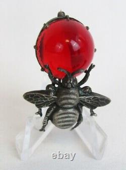 Vintage Rare Joseff of Hollywood Silver Metal Bee Red Glass Cabochon Brooch Pin