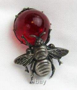 Vintage Rare Joseff of Hollywood Silver Metal Bee Red Glass Cabochon Brooch Pin