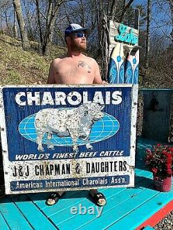 Vintage Rare Lg 48X40 Charolais Cow Farm Metal Sign With Cow Bull Graphic 2 sided