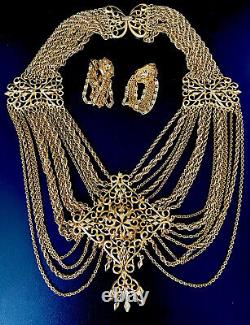 Vintage Rare MONET Fantasia 1969 Gold Plated Runway Book Piece Necklace Earrings