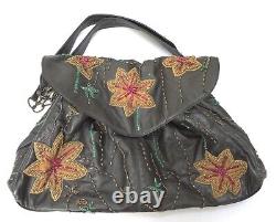 Vintage Rare Mary Frances Golden Flower Beaded Black Leather Handbag