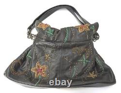 Vintage Rare Mary Frances Golden Flower Beaded Black Leather Handbag