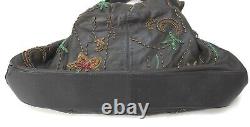 Vintage Rare Mary Frances Golden Flower Beaded Black Leather Handbag