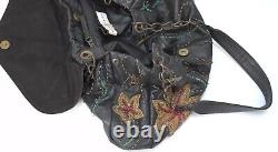 Vintage Rare Mary Frances Golden Flower Beaded Black Leather Handbag