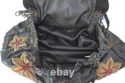 Vintage Rare Mary Frances Golden Flower Beaded Black Leather Handbag