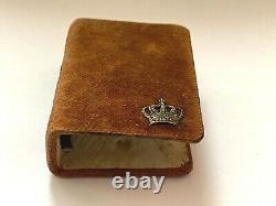 Vintage Rare Match Case Holder Metal Brown Velvet with Crown