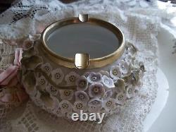 Vintage Rare Meissen Porcelain Floral Ashtray Metal Brass Band Elfinware