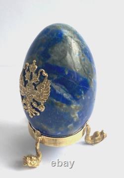 Vintage Rare Metal Blue Lapis Lazuli Gild Easter Desk Egg Coat of Army