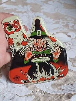 Vintage Rare Metal Toy Mfg. Co. Ratchet Noisemaker Witch Cauldron & Owl Graphic
