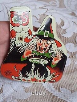 Vintage Rare Metal Toy Mfg. Co. Ratchet Noisemaker Witch Cauldron & Owl Graphic