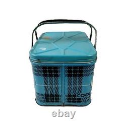 Vintage Rare NESCO Coolryte Insulated Metal Picnic Basket (Teal Black Plaid)