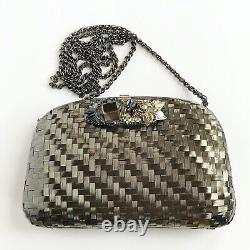 Vintage Rare RODO Italy Metal Weave Evening Bag Gunmetal Tone With Chain Strap