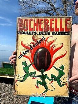 Vintage Rare Rochebelle Coal Metal Heating Oil Fuel Sign With devil Graphics 20X14