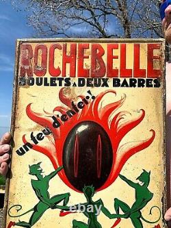 Vintage Rare Rochebelle Coal Metal Heating Oil Fuel Sign With devil Graphics 20X14