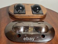 Vintage Rare Sengbusch Double Inkwell Set Nice Art Deco Wood & Metal Calligraphy