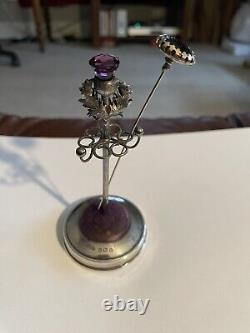 Vintage Rare Silver Metal Amethyst Oak leaves Stickpin Holder Plus Onyx Stickpin