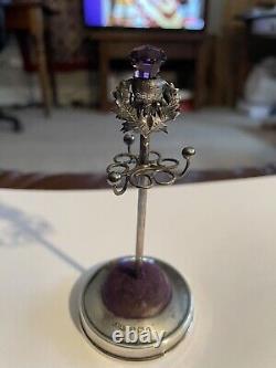 Vintage Rare Silver Metal Amethyst Oak leaves Stickpin Holder Plus Onyx Stickpin