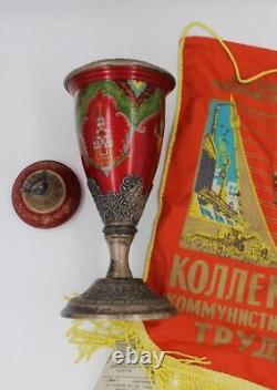 Vintage Rare Soviet Sport Cup Hand Painted Metal +Bonus Banner