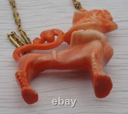 Vintage Rare Vendome Foo Dog Simulated Coral Figural 26 Pendant Necklace