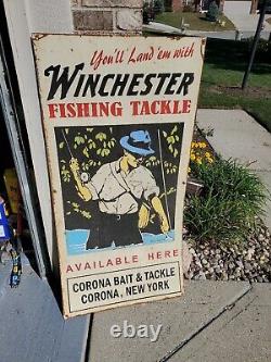 Vintage Winchester Fishing Tackle Sign Metal Corona New York Boat Lake Bait RARE