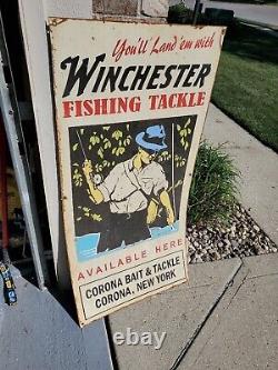 Vintage Winchester Fishing Tackle Sign Metal Corona New York Boat Lake Bait RARE