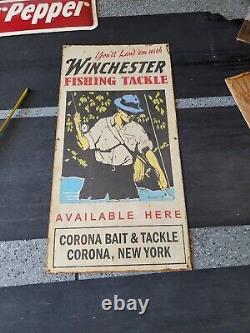 Vintage Winchester Fishing Tackle Sign Metal Corona New York Boat Lake Bait RARE